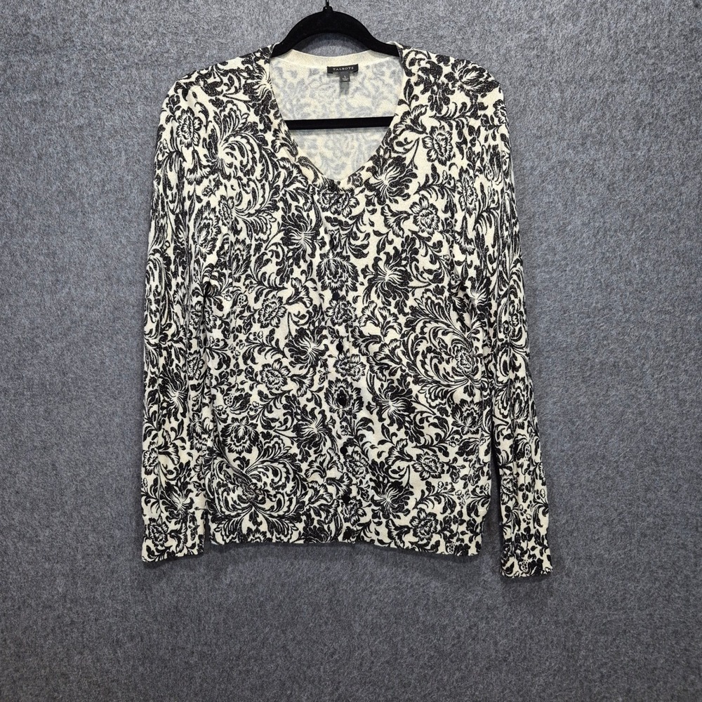 Talbot's Floral Print Cardigan L Metallic Contemporary Chic Button Up Sweater